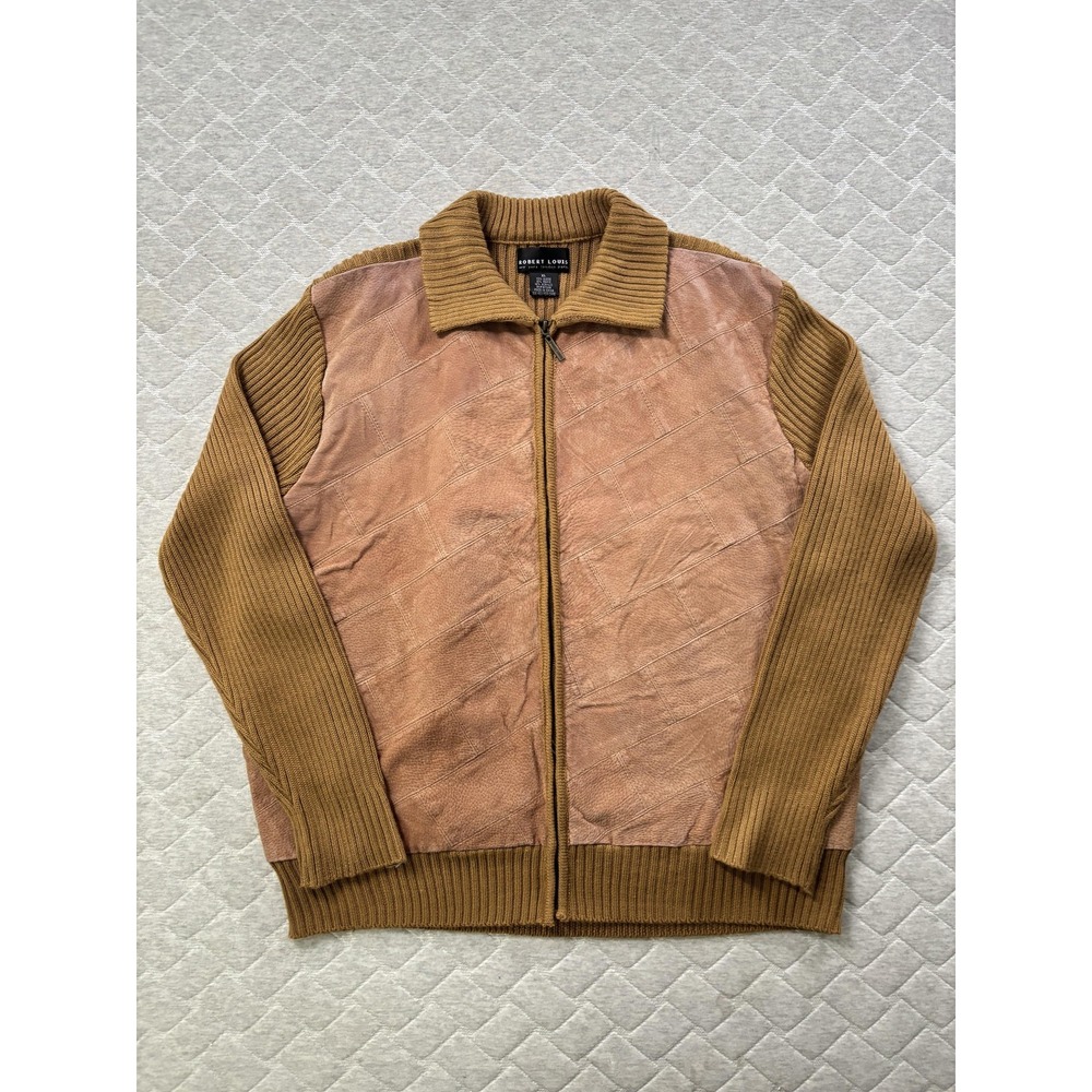 Robert Louis Sweater‎ Mens XL Brown Suede Front Ribbed Knit Full Zip Collared